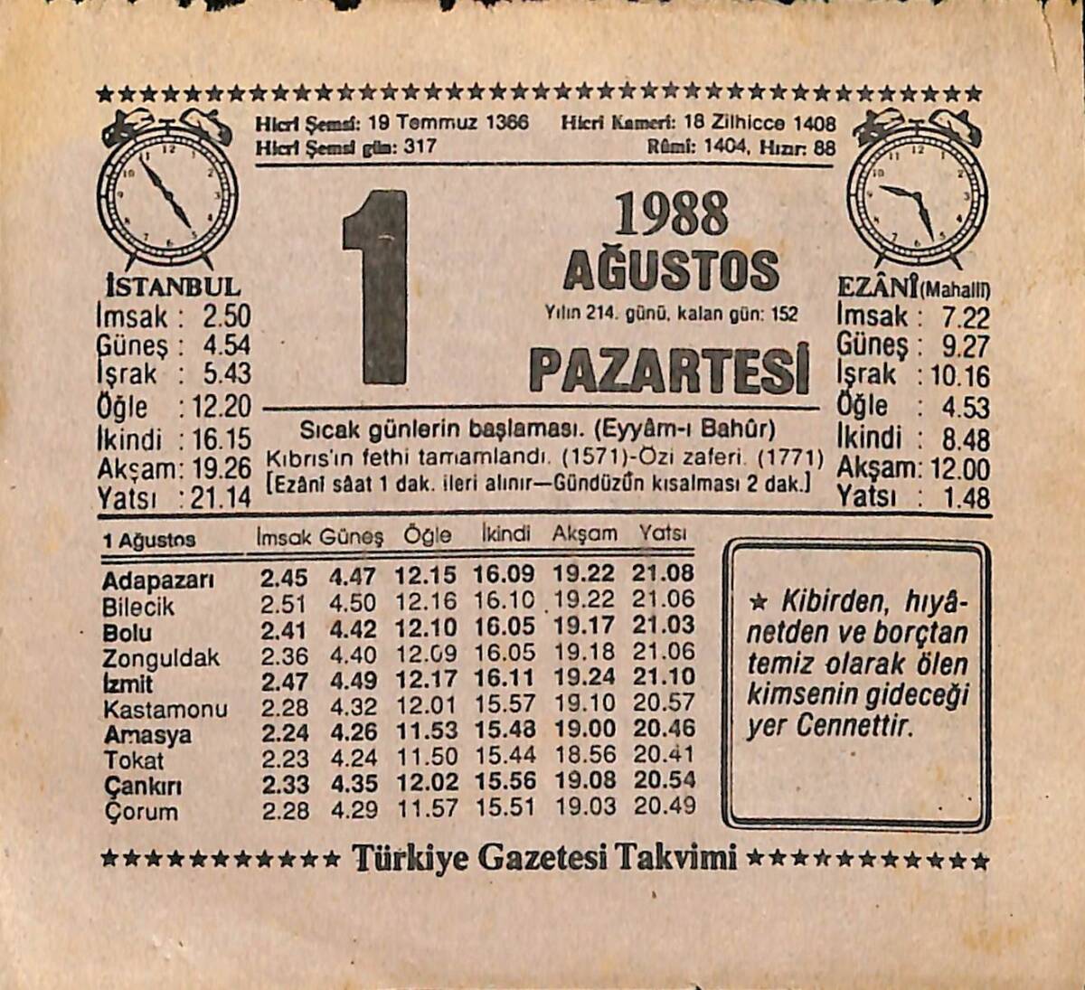 1 Ağustos 1988 Takvim Yaprağı - Doğum Günü Hediyesi EFMN13690 - 1