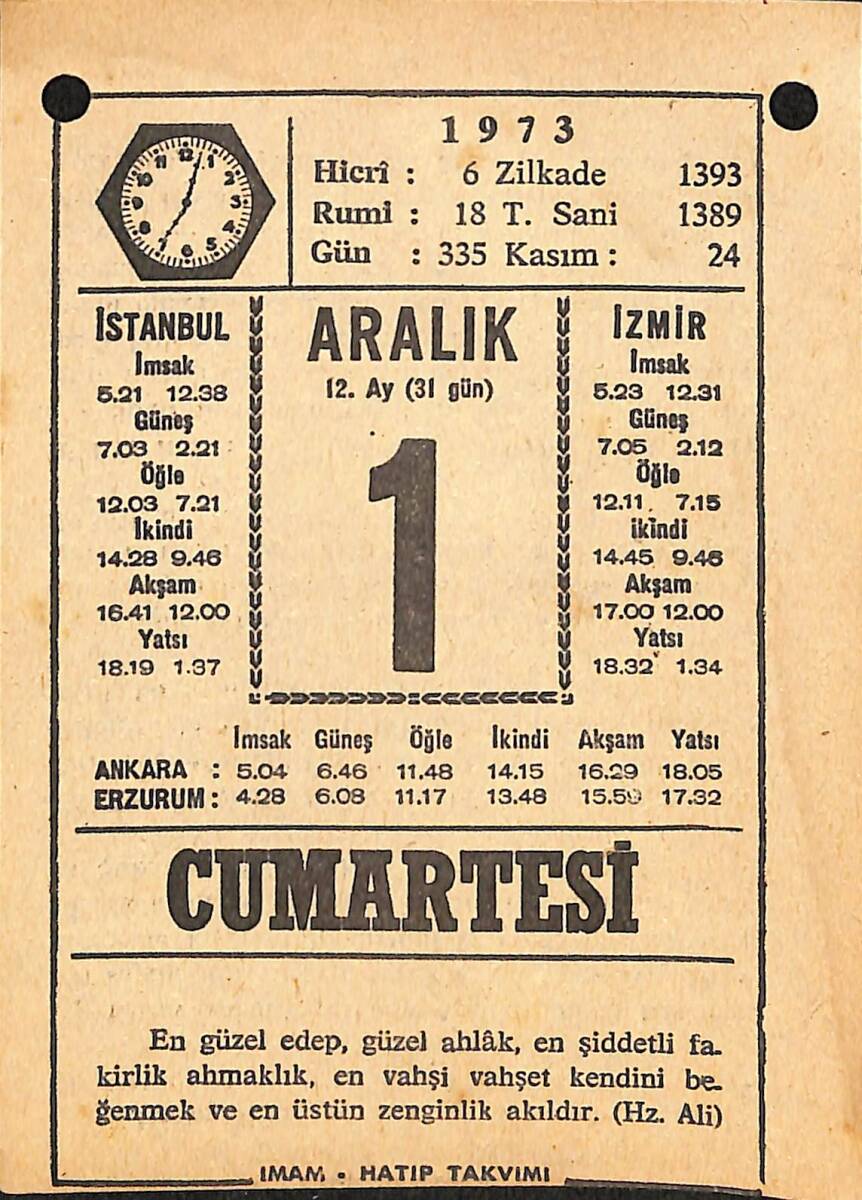 1 Aralık 1973 Takvim Yaprağı - Doğum Günü Hediyesi EFMN13685 - 1