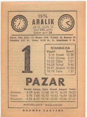 1 Aralık 1974 Takvim Yaprağı EFM(N)4283 - 3