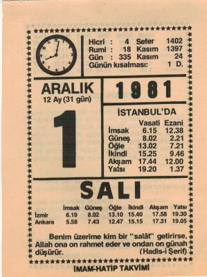 1 Aralık 1981 Takvim Yaprağı EFM(N)4406 - 3