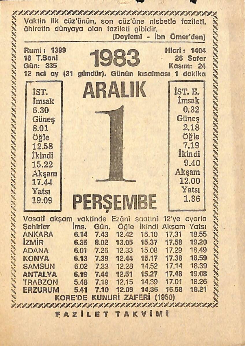 1 Aralık 1983 Takvim Yaprağı - Doğum Günü Hediyesi EFMN13608 - 1