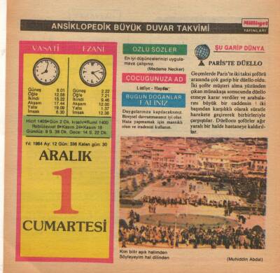 1 Aralık 1984 Takvim Yaprağı EFM(N)4067 - 3