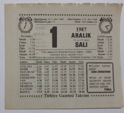 1 Aralık 1987 Takvim Yaprağı - Doğum Günü Hediyesi EFM(N)7170 - 1