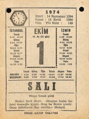 1 Ekim 1974 Takvim Yaprağı - Doğum Günü Hediyesi EFM(N)10562 - 4