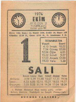 1 Ekim 1974 Takvim Yaprağı EFM(N)2971 - 2