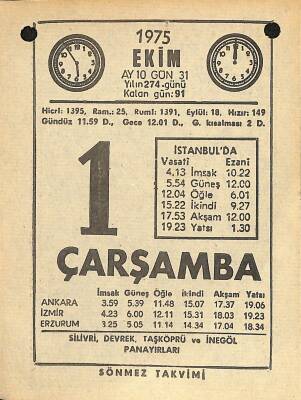 1 Ekim 1975 Takvim Yaprağı - Doğum Günü Hediyesi EFM(N)12515 - 1