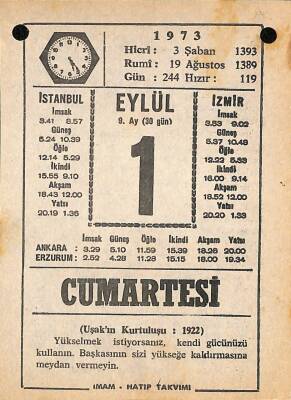 1 Eylül 1973 Takvim Yaprağı - Doğum Günü Hediyesi EFM(N)9847 - 1