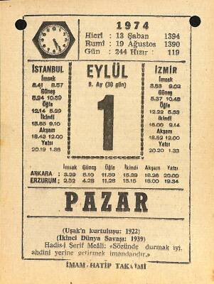 1 Eylül 1974 Takvim Yaprağı - Doğum Günü Hediyesi EFM(N)12173 - 1