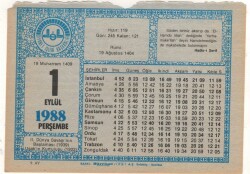 1 Eylül 1988 Takvim Yaprağı EFM(N)2587 - 2