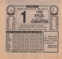 1 Eylül 1990 Takvim Yaprağı EFM(N)2589 - 3