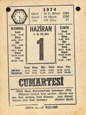 1 Haziran 1974 Takvim Yaprağı - Doğum Günü Hediyesi EFM(N)11974 - 1