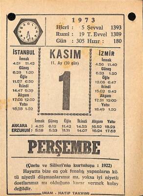 1 Kasım 1973 Takvim Yaprağı - Doğum Günü Hediyesi EFM(N)10704 - 4