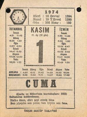 1 Kasım 1974 Takvim Yaprağı - Doğum Günü Hediyesi EFM(N)10763 - 4