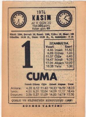 1 Kasım 1974 Takvim Yaprağı EFM(N)3311 - 3