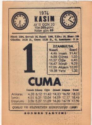 1 Kasım 1974 Takvim Yaprağı EFM(N)3311 - 1