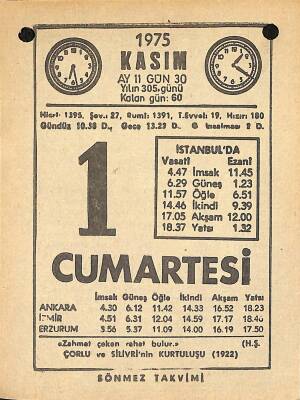 1 Kasım 1975 Takvim Yaprağı - Doğum Günü Hediyesi EFM(N)12581 - 1