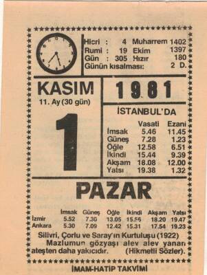 1 Kasım 1981 Takvim Yaprağı EFM(N)4253 - 3