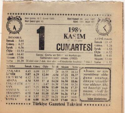 1 Kasım 1986 Takvim Yaprağı EFM(N)3401 - 3