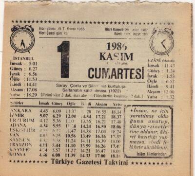 1 Kasım 1986 Takvim Yaprağı EFM(N)3401 - 1