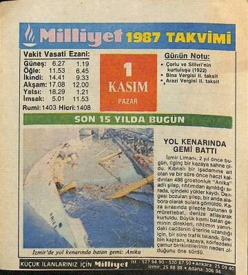 1 Kasım 1987 Takvim Yaprağı - Doğum Günü Hediyesi EFM(N)11931 - 1