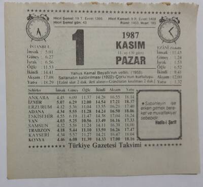 1 Kasım 1987 Takvim Yaprağı - Doğum Günü Hediyesi EFM(N)7140 - 1