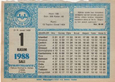 1 Kasım 1988 Takvim Yaprağı EFM(N)3431 - 3