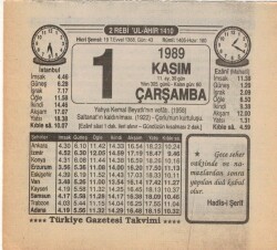 1 Kasım 1989 Takvim Yaprağı EFM(N)3461 - 3