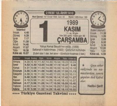 1 Kasım 1989 Takvim Yaprağı EFM(N)3461 - 3