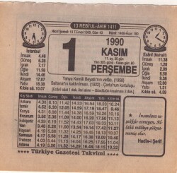 1 Kasım 1990 Takvim Yaprağı EFM(N)3915 - 3