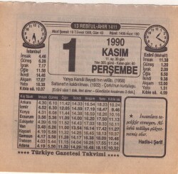 1 Kasım 1990 Takvim Yaprağı EFM(N)3915 - 1