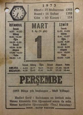 1 Mart 1973 Takvim Yaprağı - Doğum Günü Hediyesi EFM(N)8067 - 1