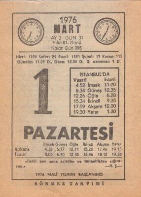 1 Mart 1976 Takvim Yaprağı EFM(N)5942 - 2