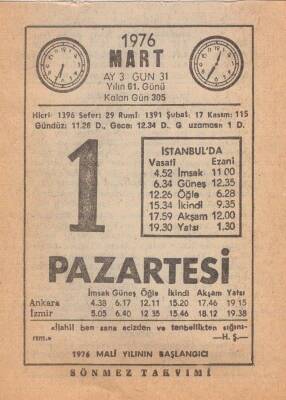 1 Mart 1976 Takvim Yaprağı EFM(N)5942 - 1