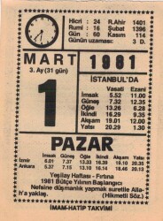 1 Mart 1981 Takvim Yaprağı EFM(N)6004 - 3