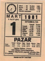 1 Mart 1981 Takvim Yaprağı EFM(N)6004 - 1