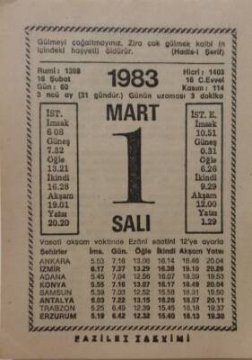 1 Mart 1983 Takvim Yaprağı - Doğum Günü Hediyesi EFM(N)7915 - 2