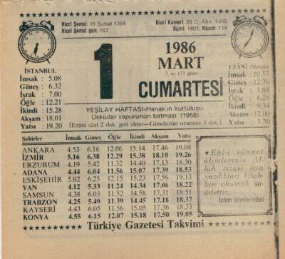 1 Mart 1986 Takvim Yaprağı EFM(N)5911 - 3