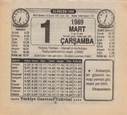 1 Mart 1989 Takvim Yaprağı EFM(N)5849 - 3