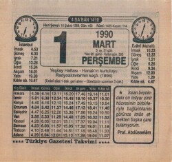 1 Mart 1990 Takvim Yaprağı EFM(N)5973 - 3