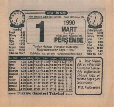 1 Mart 1990 Takvim Yaprağı EFM(N)5973 - 1