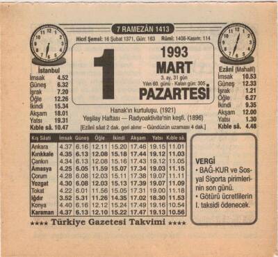 1 Mart 1993 Takvim Yaprağı EFM(N)6033 - 3