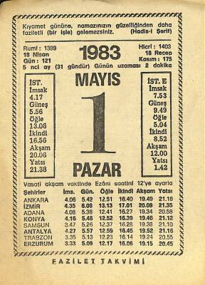 1 Mayıs 1983 Takvim Yaprağı - Doğum Günü Hediyesi EFM(N)12144 - 1