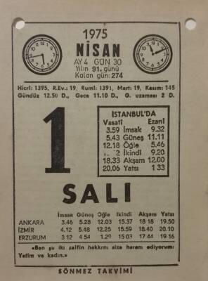 1 Nisan 1975 Takvim Yaprağı - Doğum Günü Hediyesi EFM(N)8128 - 2