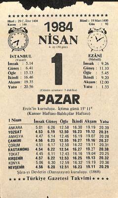 1 Nisan 1984 Takvim Yaprağı - Doğum Günü Hediyesi EFM(N)11260 - 1