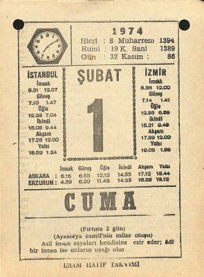 1 Şubat 1974 Takvim Yaprağı - Doğum Günü Hediyesi EFM(N)12286 - 1