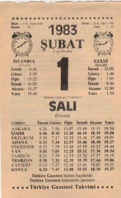 1 Şubat 1983 Takvim Yaprağı EFM(N)5381 - 1