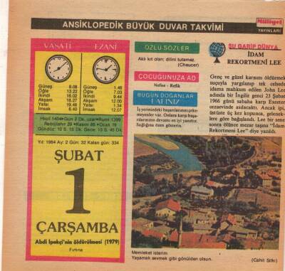 1 Şubat 1984 Takvim Yaprağı EFM(N)5155 - 1