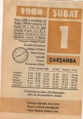 1 Şubat 1984 Takvim Yaprağı EFM(N)5324 - 1