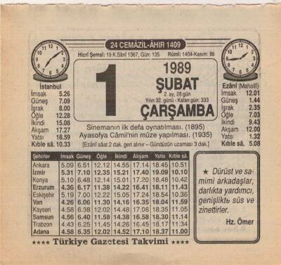 1 Şubat 1989 Takvim Yaprağı EFM(N)5353 - 1