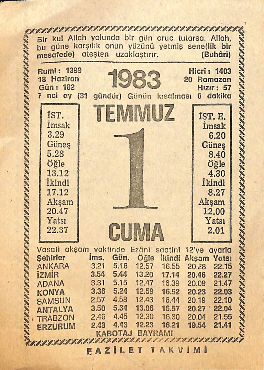 1 Temmuz 1983 Takvim Yaprağı - Doğum Günü Hediyesi EFMN13646 - 1